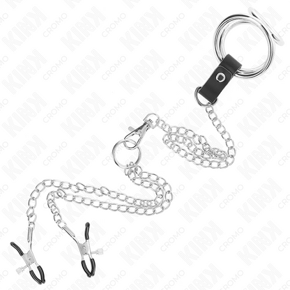 Kink - anello per pene in metallo cromato triplo da 3 cm a 4,5 cm con catena in metallo da 26 cm e clip per capezzoli