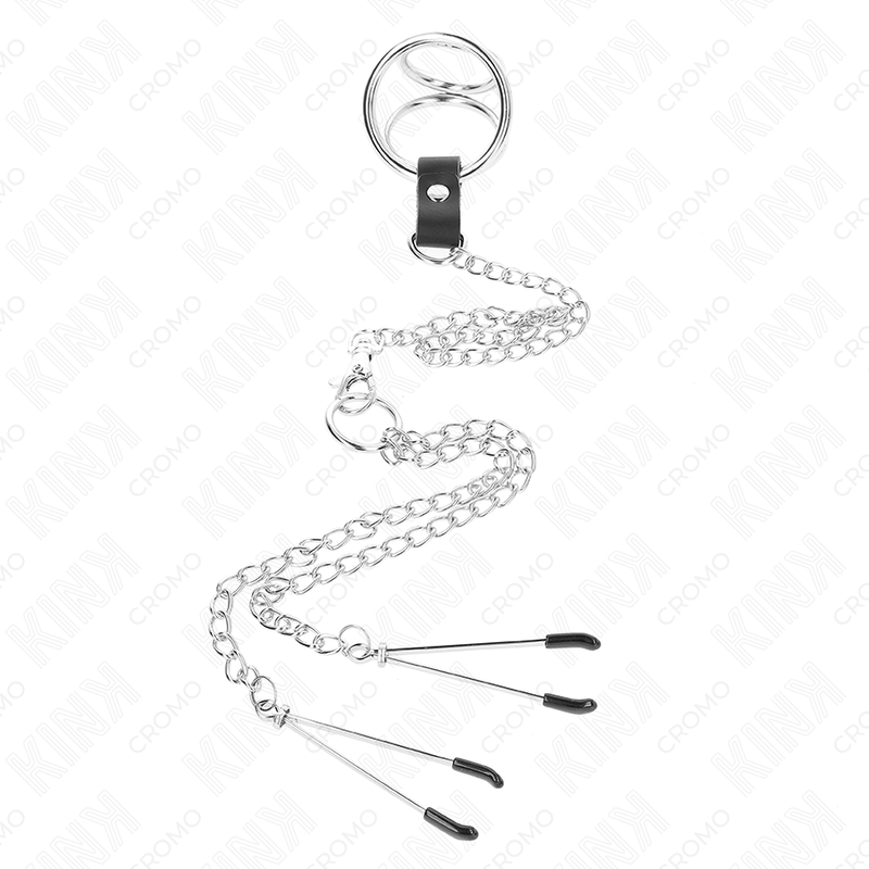 Kink - anello per pene in metallo cromato triplo da 3,8 cm a 5 cm con catena in metallo da 26 cm e morsetti per capezzoli modello 2