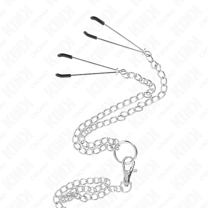 Kink - anello per pene in metallo cromato triplo da 3,8 cm a 5 cm con catena in metallo da 26 cm e morsetti per capezzoli modello 2