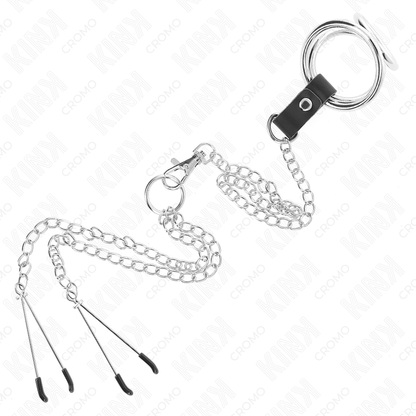 Kink - anello per pene in metallo cromato triplo da 3,8 cm a 5 cm con catena in metallo da 26 cm e morsetti per capezzoli modello 2