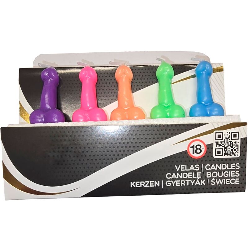 Diablo picante - scatola da 5 candele a forma di pene in diversi colori