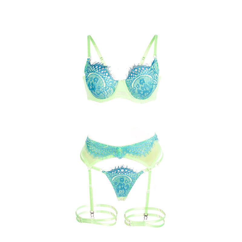 Subblime - 955328 completo reggiseno con pizzo e linee giarretrici verde e blu l/xl