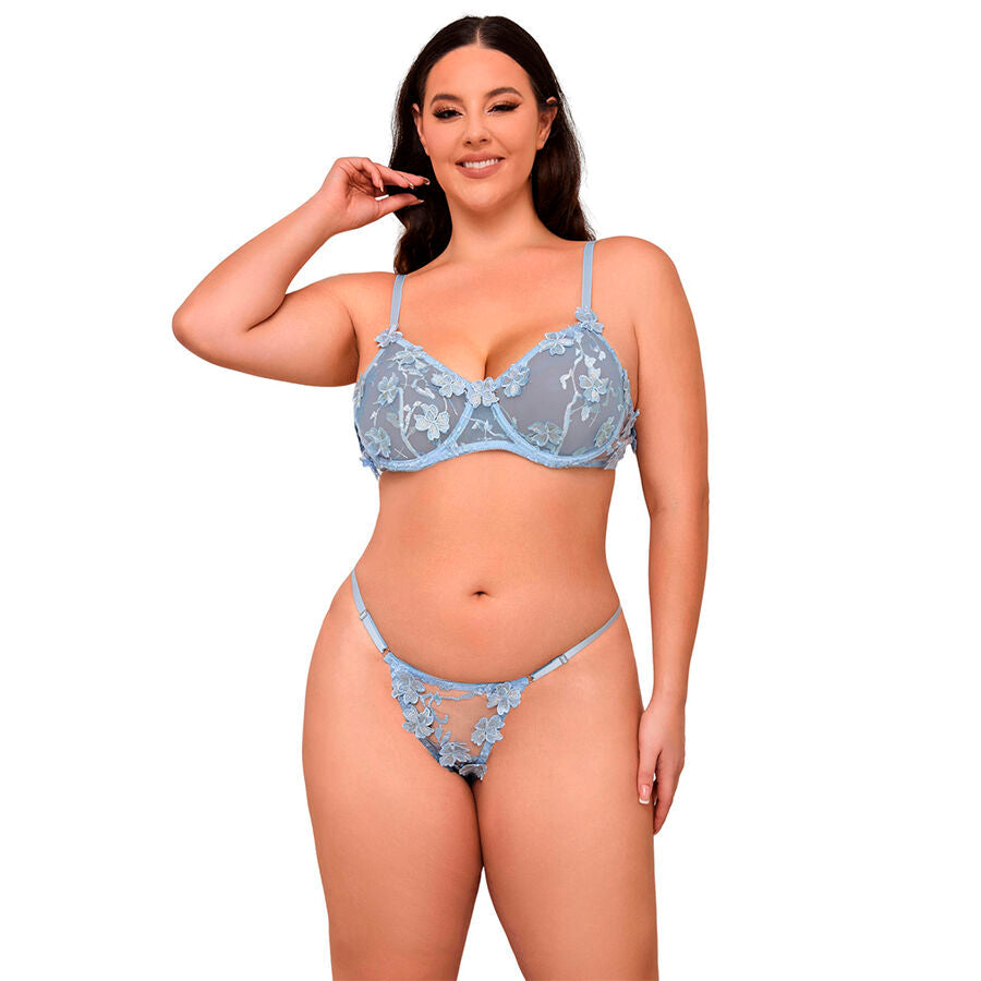 Subblime - 957636 ensemble soutien-gorge et slip brodé de fleurs bleu ciel l/xl