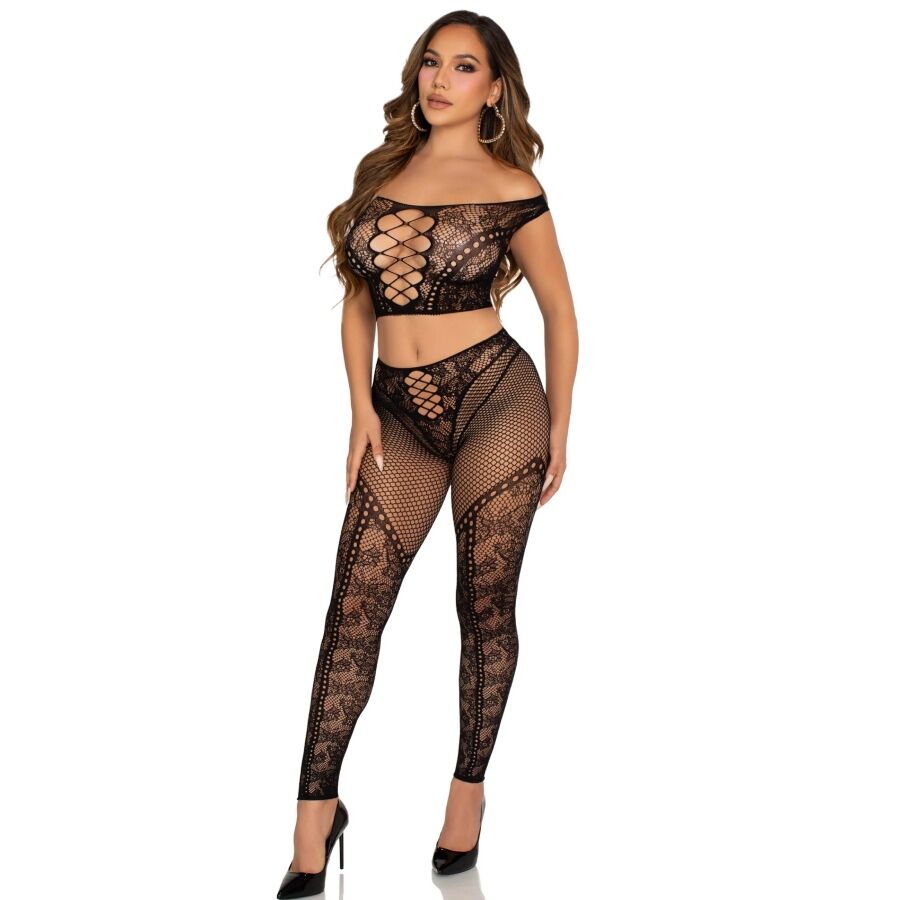 Leg avenue - crop top e legging a rete con spalle scoperte nero