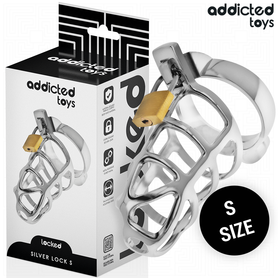 Addicted toys locked - gabbia per pene in metallo con bloccaggio argento taglia s