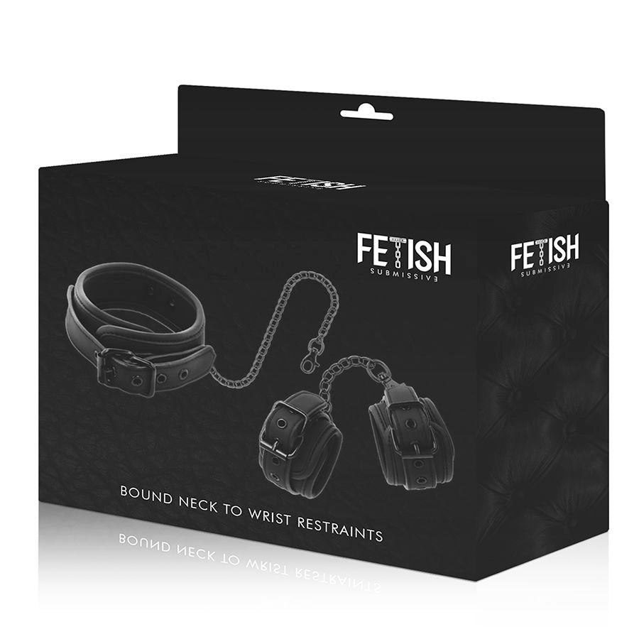 Collare Fetish submissive con manette e catena nero