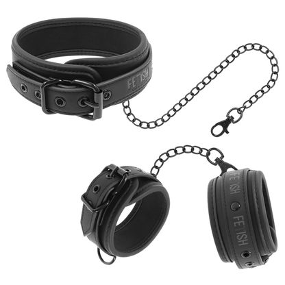 Collare Fetish submissive con manette e catena nero